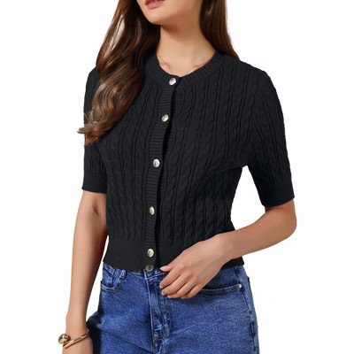 INSPIRE CHIC Women's Cable Knit Button Down Crew Neck Trendy Short Sleeve Summer Cropped Cardigan Small Black | Target