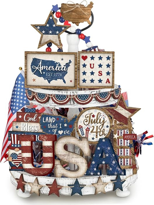 25 Pcs 4th of July Tiered Tray Decorations Set Wood Patriotic Decoration Rustic American Flag Sta... | Amazon (US)