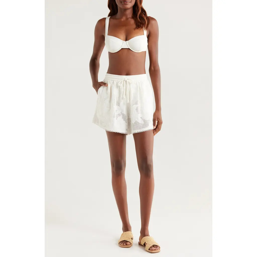 FARM Rio Floral Embroidery Cotton Blend Cover-Up Shorts in White at Nordstrom, Size Medium | Nordstrom