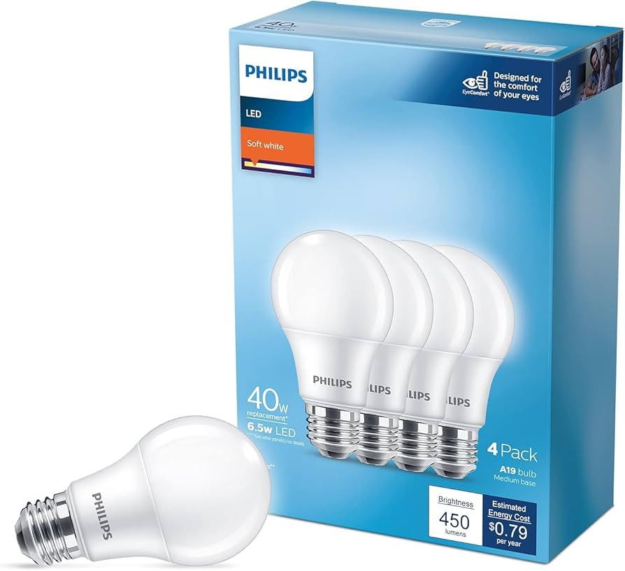 PHILIPS LED 40W A19 4-Pack Basic Soft White (2700K) 450 Lumen (6.5W = 40W) Frosted Flicker-Free L... | Amazon (US)