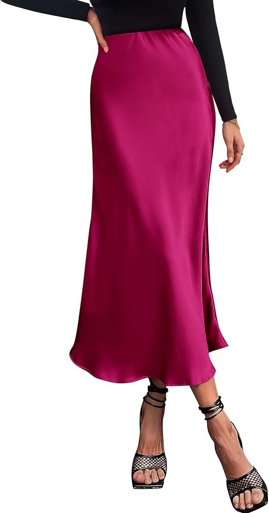 BTFBM 2023 Women's Satin High Waist Midi Skirt Silk Elegant Cocktail Party Wedding Guest Flared A... | Amazon (US)