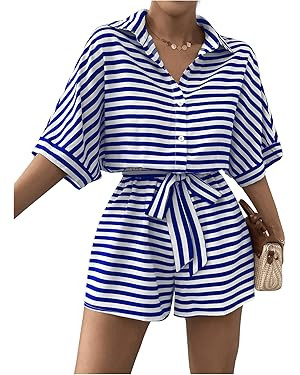 Milumia Women's Colorblock Striped Print Jumpsuit Bat Wing Sleeve Knot Romper | Amazon (US)