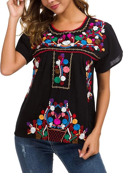 YZXDORWJ Women's Embroidered Mexican Peasant Blouse Mexico Summer Shirt Short Sleeve | Amazon (US)