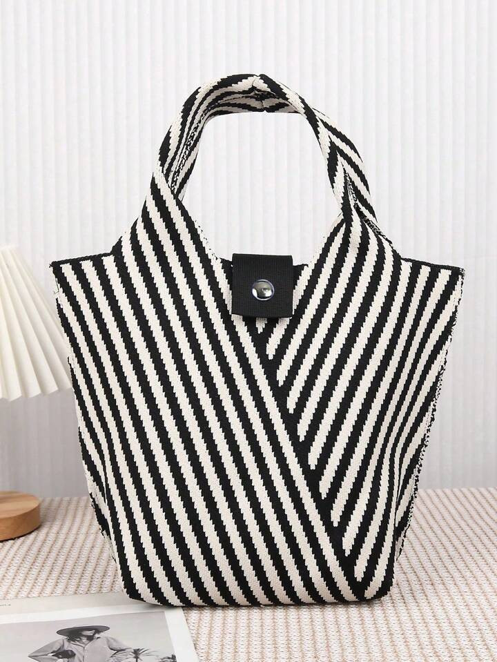 1pc Black & White Striped Knitted Crochet Hollow Out Open Top Shoulder Tote Bag With Foldable & B... | SHEIN