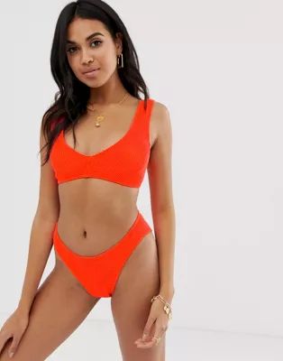 ASOS DESIGN mix and match crinkle v front crop bikini top in neon orange | ASOS US