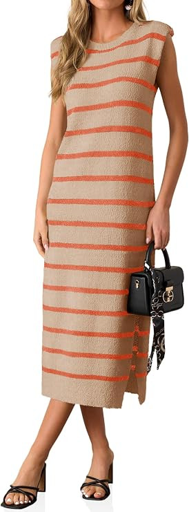 Saodimallsu Womens Striped Summer Midi Dress Sleeveless Crew Neck Sexy Slit Knit Tank Long Dresse... | Amazon (US)