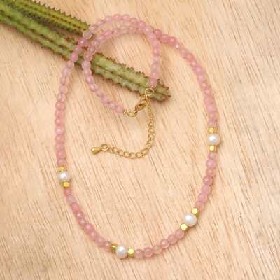 18k Gold-Accented Rose Quartz and Pearl Beaded Necklace | NOVICA