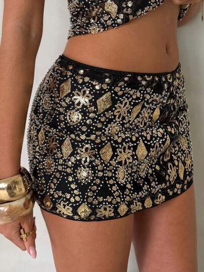 Glamine Black-And-Gold Sequin Embroidered Mini Skirt Featuring An Allover Vintage-Inspired Ornate... | SHEIN