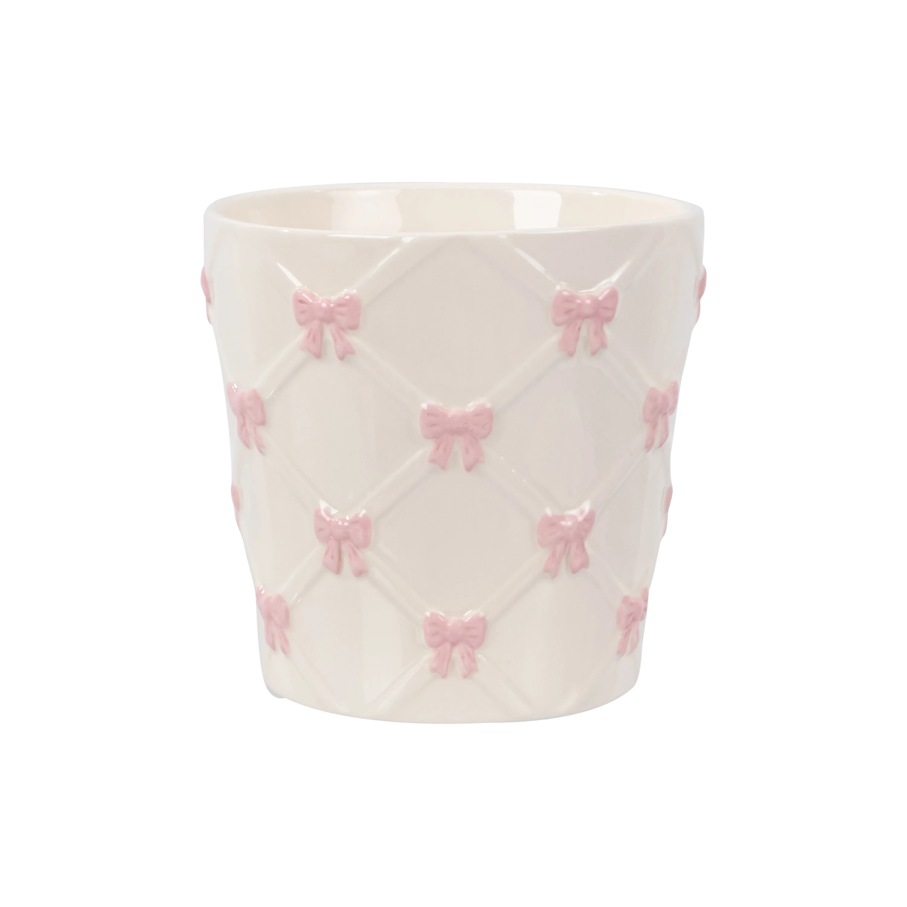 Mainstays 6.25" x 6.25" x 6" Round Cream and Pink Ceramic Bow Planter | Walmart (US)