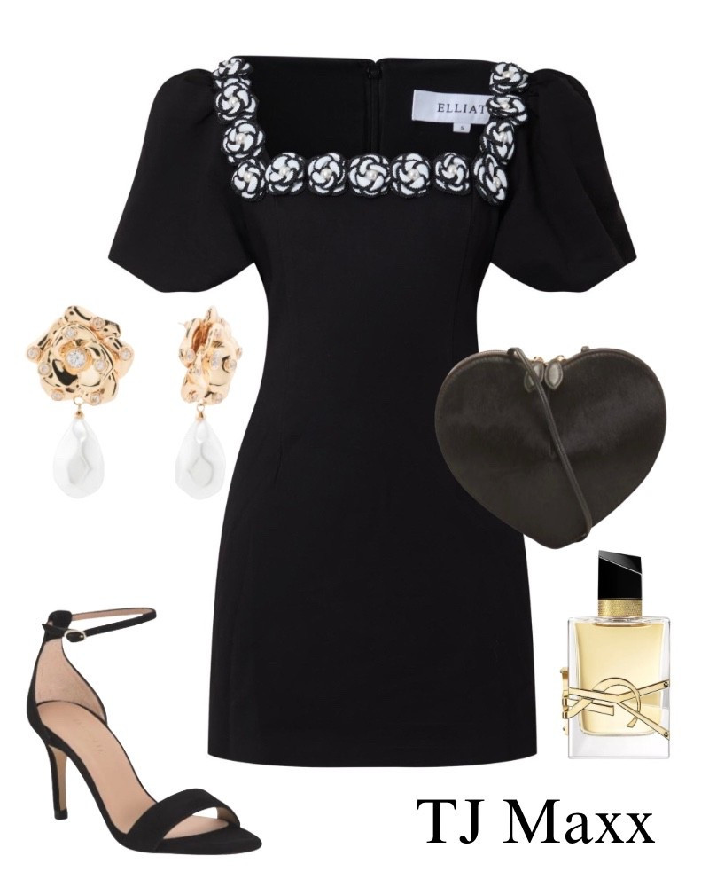 TJ Maxx outfit idea, designer dress on sale, black-and-white, rosette, mini dress, black heels, pearl earrings, heart purse, Saint Laurent perfume, date night, spring.

#LTKSaleAlert #LTKBeauty