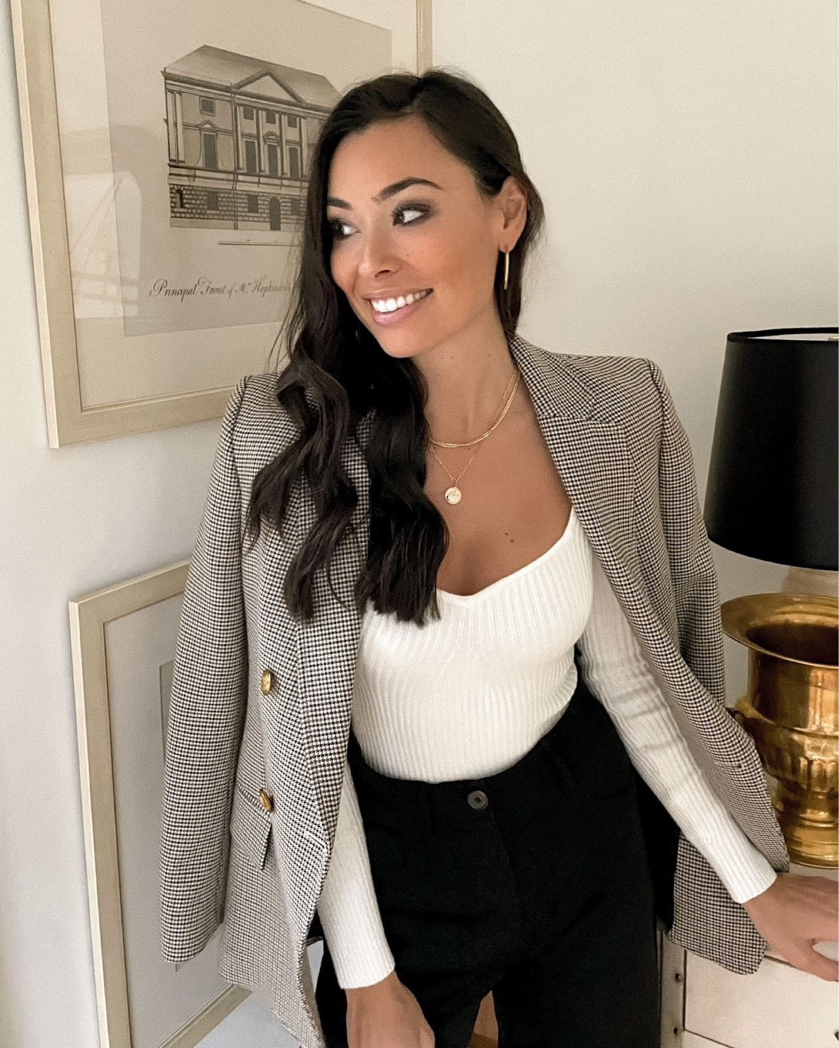 Kat Jamieson of With Love From Kat wears a fall outfit. Gold earrings, gold necklace, white bodysuit, fall blazer, neutral blazer, fall style. 

#LTKSeasonal #LTKstyletip