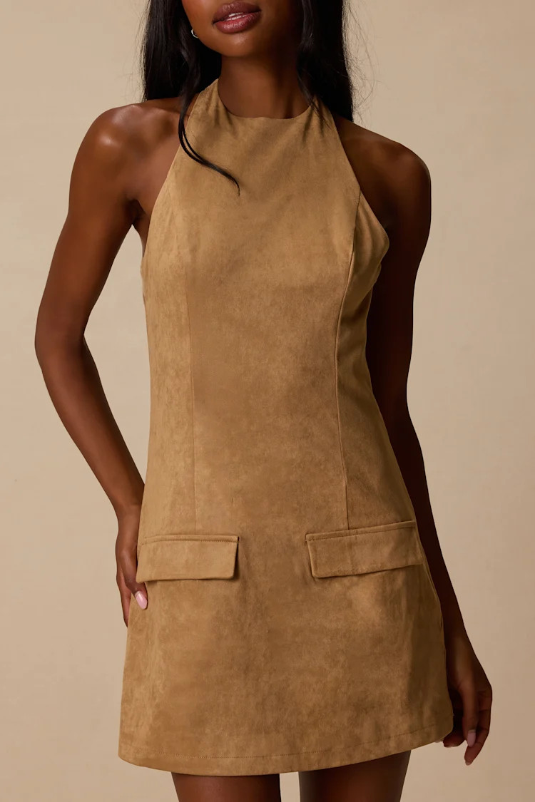 Xandra Tan Suede Halter Mini Dress | Lulus