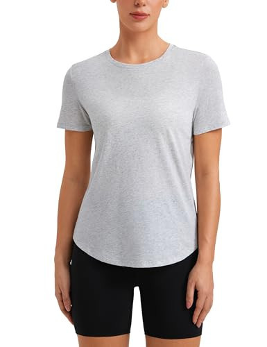 CRZ YOGA Women's Pima Cotton Short Sleeve Workout Shirts Casual Yoga T-Shirt Soft Athletic Top Light Grey Heather Large | Amazon (US)