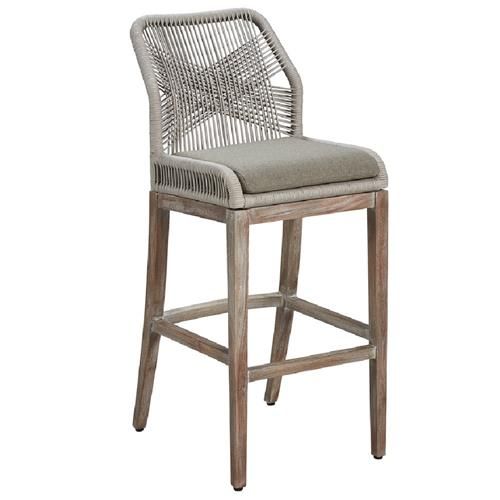 Cleo Coastal Grey Woven Synthetic Cord Upholstered Seat Brown Mahogany Counter Stool | Kathy Kuo Home