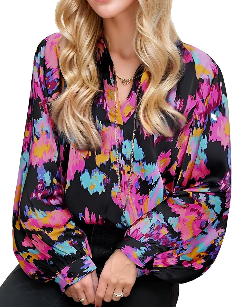 Floral Boho Tops for Women Summer V Neck Flowy Bohemian Long Sleeve Blouses | Amazon (US)
