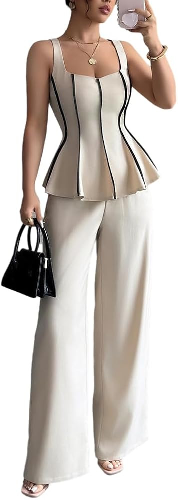 Conjunto elegante de dos piezas para mujer, sin mangas, plisado con volantes y pantalones de pier... | Amazon (US)