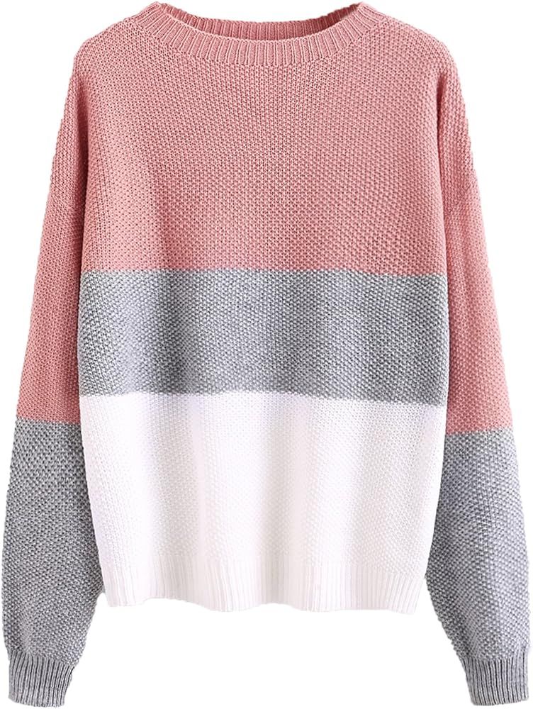 Women's Casual Drop Shoulder Color Block Striped Knitted Textured Jumper Sweater | Amazon (US)