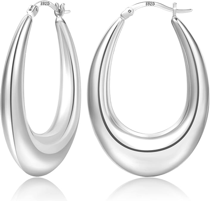 PABBEU Chunky Silver Hoops Earrings for Women, Hypoallergenic Lightweight 925 Sterling Silver Ova... | Amazon (US)