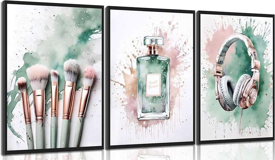 3Pcs Tween Teen Girls Bedroom Wall Art Watercolor Makeup Posters Prints Sage Green Rose Gold and ... | Amazon (US)