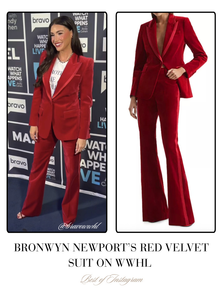 Bronwyn Newport's Red Velvet Suit on #WWHL is by Reiss // Shop Similar 📸= @bravowwhl 

 