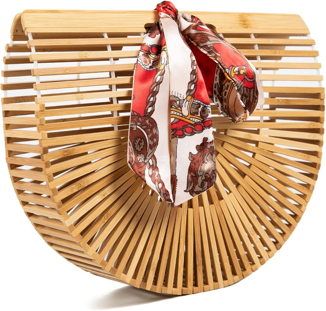 FARVALUE Women's Bamboo Bag Summer Wooden Handbag Handmade Large Tote Bag Beach Bag with Silk Scarf | Amazon (US)