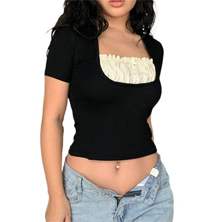 White Ruched Square Collar Contrast Collar Black Crop Tops Short Sleeve Sweet Tops Girls Vintage | Walmart (US)