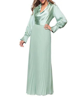 Satin Chiffon Long Sleeve Collar V-Neck Pleated A-Line Dress | Dillard's
