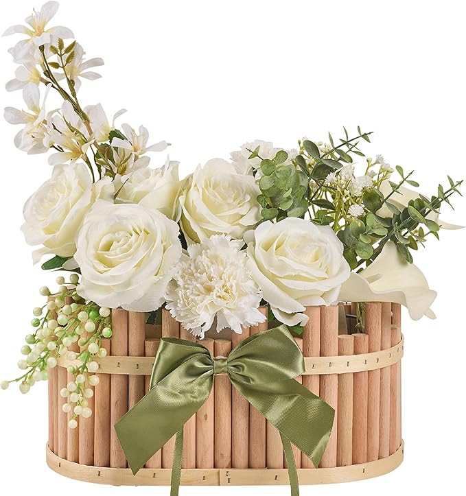 Elegant Artificial Flowers Centerpiece Table Decoration: high-end Faux White Roses with Wood Bask... | Amazon (US)
