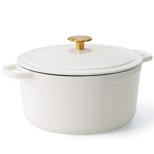 CAROTE Cast Iron Dutch Oven Pot with Lid, Enameled Dutch Oven for Sourdough Bread Baking, Dual Handles, Heavy-Duty Cast Iron Pot, 5QT, White | Amazon (US)