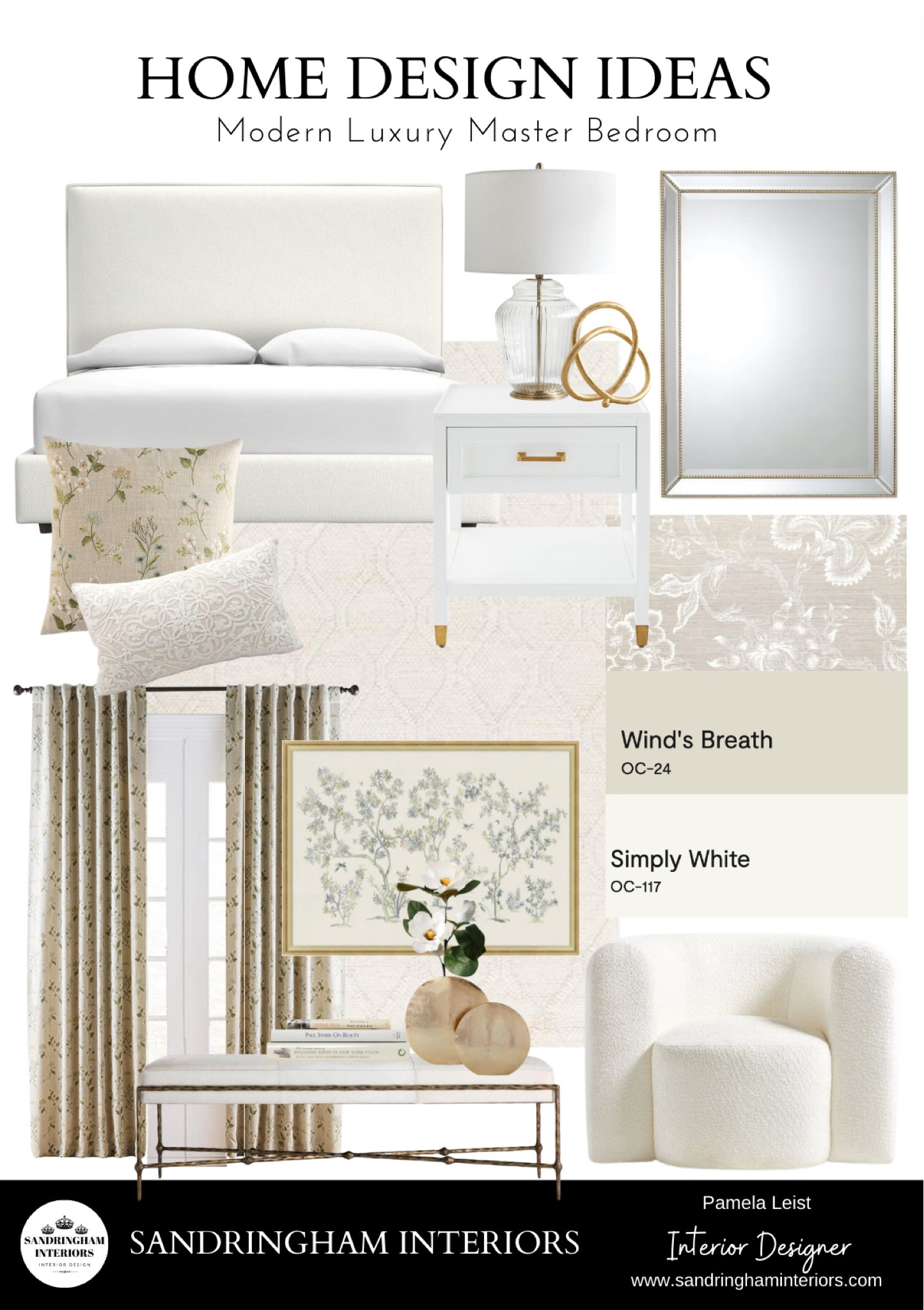 Home Decor for a Modern Luxury Bedroom space

Upholstered bed frame 
White nightstands 
Floral drapes
Floral pillows
Glass table lamp
Wallpaper
Paint color


#LTKFind #LTKhome