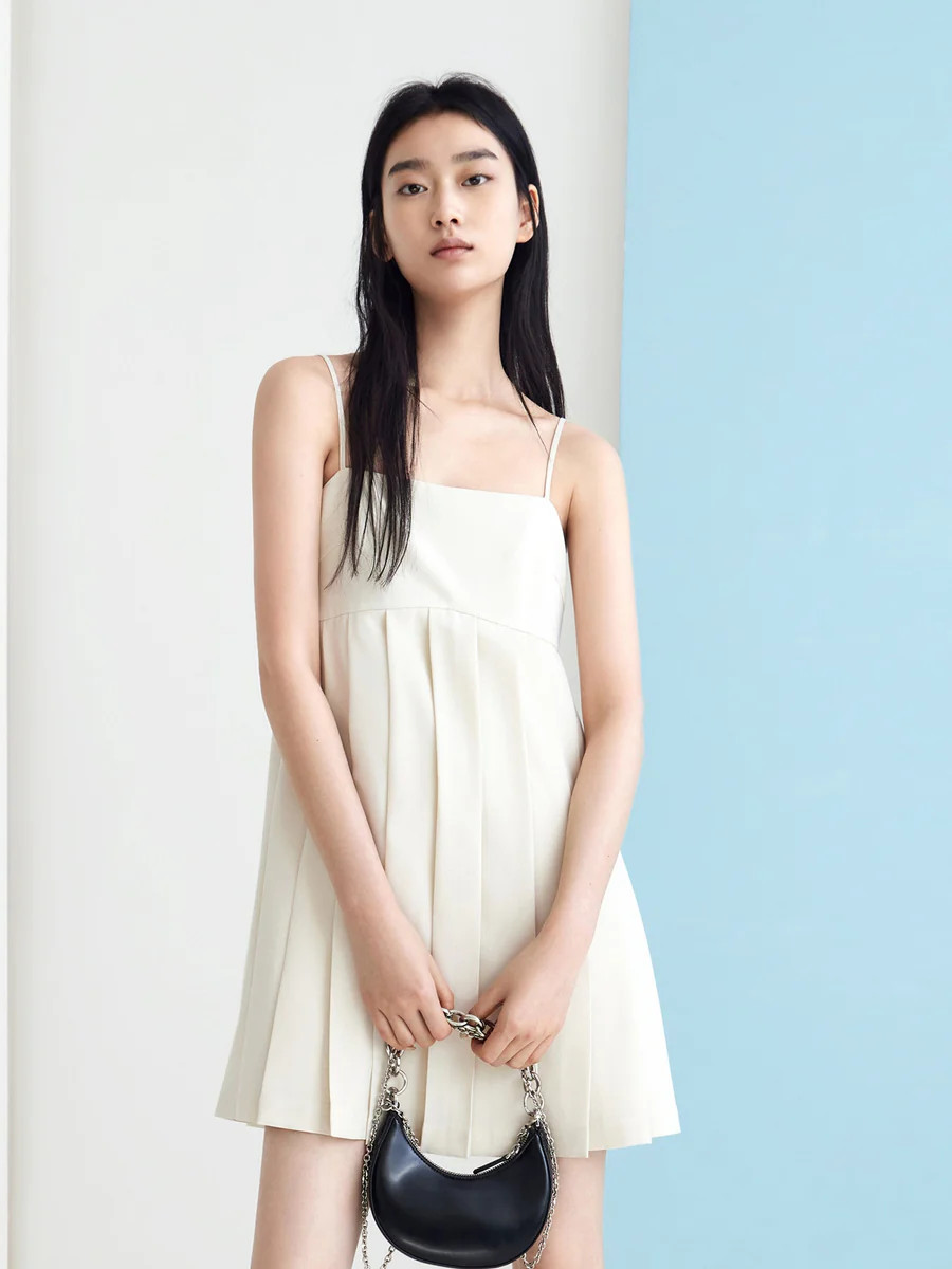 MO&Co. Women's Pleated Slip Cami Dress with Back Zipper Fitted Chic Square Neck | MO&Co.