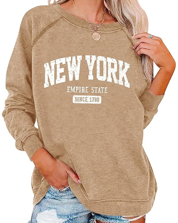 Vdnerjg Women's New York Letter Print Sweatshirt Crewneck Long Sleeve Casual Loose Fit Pullover S... | Amazon (US)