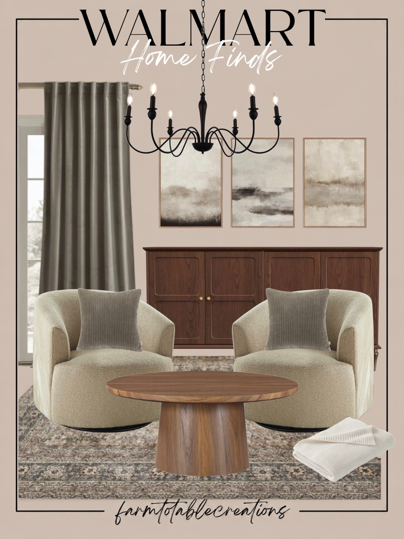 Walmart Cozy Neutral Home Finds 🤎

Walmart is bringing the designer look for less with these warm, elevated home finds! The creamy swivel chairs, rich wood cabinet and coffee table, vintage-inspired rug, moody artwork, and black chandelier create such a beautiful mix of modern and timeless style.

Follow @farmtotablecreations on Instagram for more cozy home finds and trending decor.

I love how the warm walnut tones balance the soft ivory upholstery and taupe accents. These pieces make it easy to create a cozy, collected living space that looks high-end without the designer price tag.

#LTKHome #WalmartHome #WalmartFinds #WalmartStyle #WalmartHomeFinds #AffordableHomeDecor #DesignerInspired #NeutralHome #CozyHome #LivingRoomInspo #HomeDecor #BudgetFriendlyDecor #WarmNeutralHome #LTKFinds

#LTKHome #LTKSaleAlert