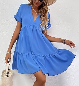 Anatoky Women Summer Cute Ruffle Sleeve Casual Loose Solid Color Flowy Baby Doll Smoked Pleated S... | Amazon (US)
