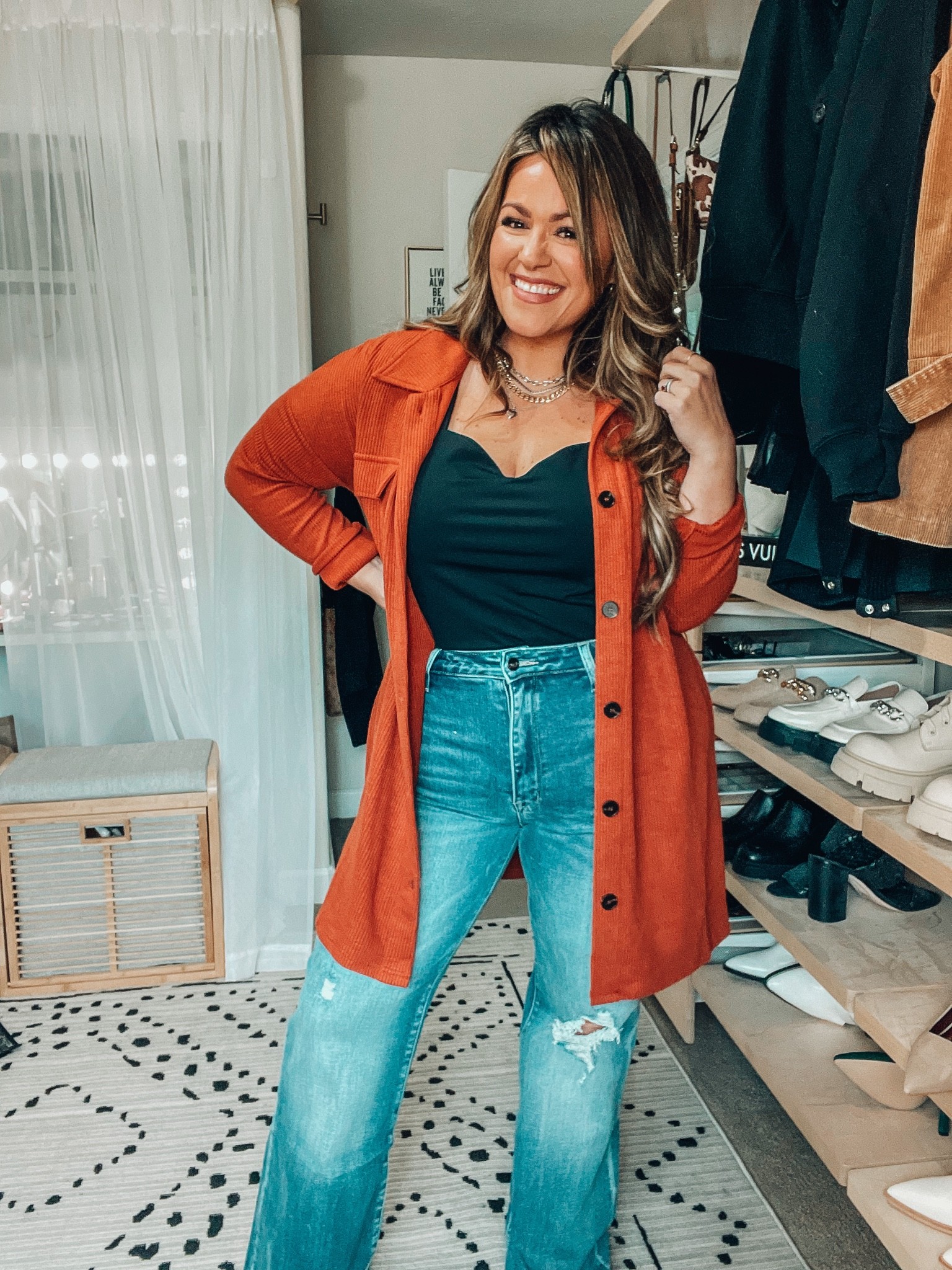 Fall midsize outfit 
Pink Lily code 20TARYN saves you money 
Stretchy rib knit dress worn as a Shacket (1xl) sized up because I’m a 38dd and didn’t want gapping 
These flare jeans are amazing wearing a size 15 (as a womens size 14) for me perfect and have great stretch I’m 4’6 and they are a little long on me but I am thinking about cutting off the bottoms to make a raw hem flare 

#LTKSeasonal #LTKstyletip #LTKcurves