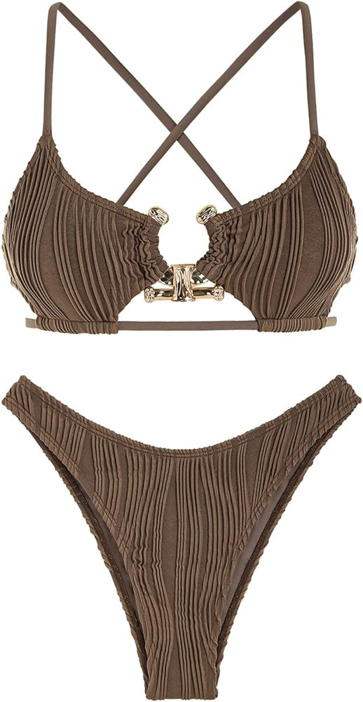 ZAFUL Women's Sexy Cutout Bikini Set High Cut Textured Metal Ring Cheeky Swimsuit Two Piece Bathi... | Amazon (US)