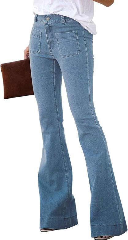 Sidefeel Women Destroyed Flare Jeans Elastic Waist Bell Bottom Raw Hem Denim Pants | Amazon (US)