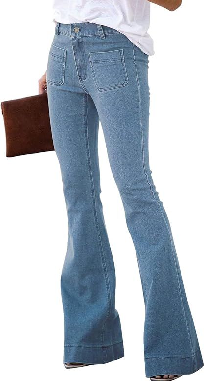 Sidefeel Women Destroyed Flare Jeans Elastic Waist Bell Bottom Raw Hem Denim Pants | Amazon (US)