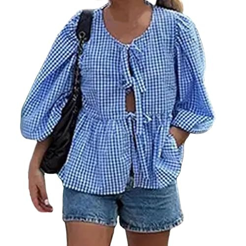 Tie Front Tops for Women Peplum Babydoll Top Bow Top 3/4 Length Puff Sleeve Coquette Tops Cute Going Out Tops (Blue Gingham,S,Small) | Amazon (US)
