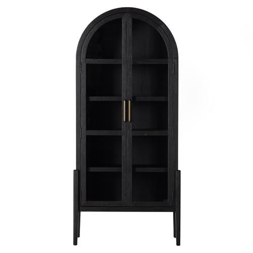 Ivan Mid Century Clear Glass Matte Black Solid Oak 2 Door Arched Display Case | Kathy Kuo Home