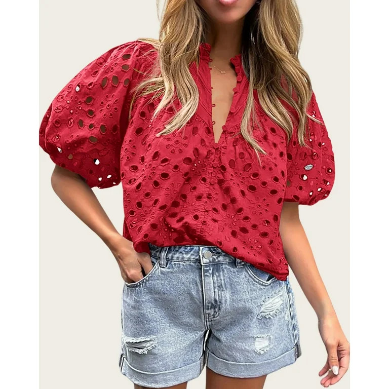 PRETTYGARDEN Women's Summer Tops Dressy Casual Short Lantern Sleeve V Neck Buttons Hollow Out Lac... | Walmart (US)