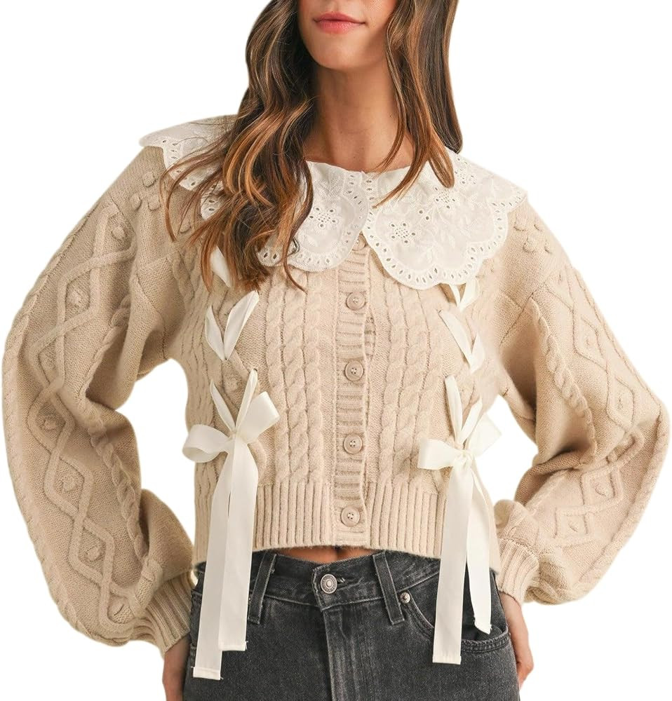 Women Cute Bow Knit Cardigan Long Sleeve Babydoll Collar Button Closure Lace Tie-up Knit Fall Rib... | Amazon (US)