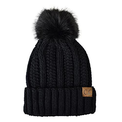 C.C Thick Cable Knit Faux Fuzzy Fur Pom Fleece Lined Skull Cap Cuff Beanie, Chenille Black Pom | Amazon (US)