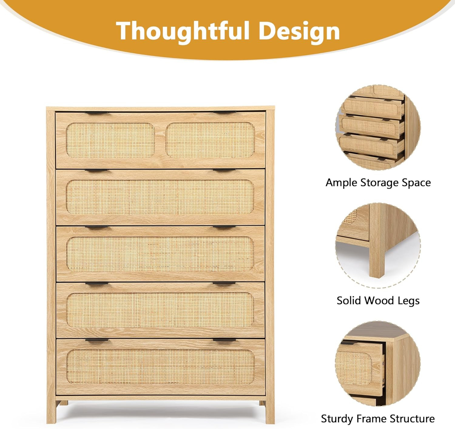 LEVNARY 5 Drawer Chest Dresser, Rattan Tall Dresser 5 Chest of Drawers for Bedroom, Wood Storage ... | Amazon (US)