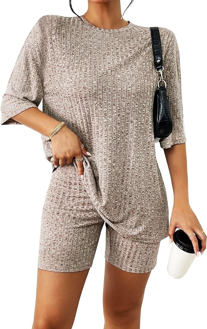 Aoulaydo Womens 2 Piece Lounge Set Summer Ribbed Knit Matching Outfits T-shirt Biker Shorts Casua... | Amazon (US)