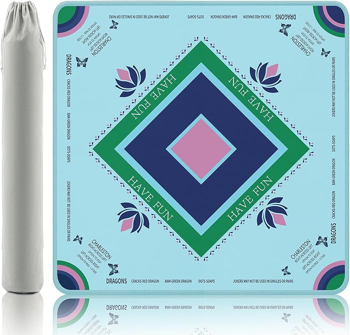 Turquoise Mahjong Mat with Lotus & Butterfly Artwork - 32.4x32.4 Inch Hand-Painted Style Rubber M... | Amazon (US)