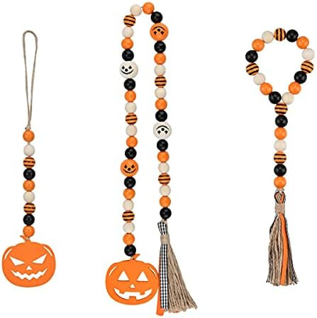 Halloween Wood Bead Garland with Tassels Pumpkin Wooden Bead Garland Rustic Farmhouse Beads Hangi... | Amazon (US)