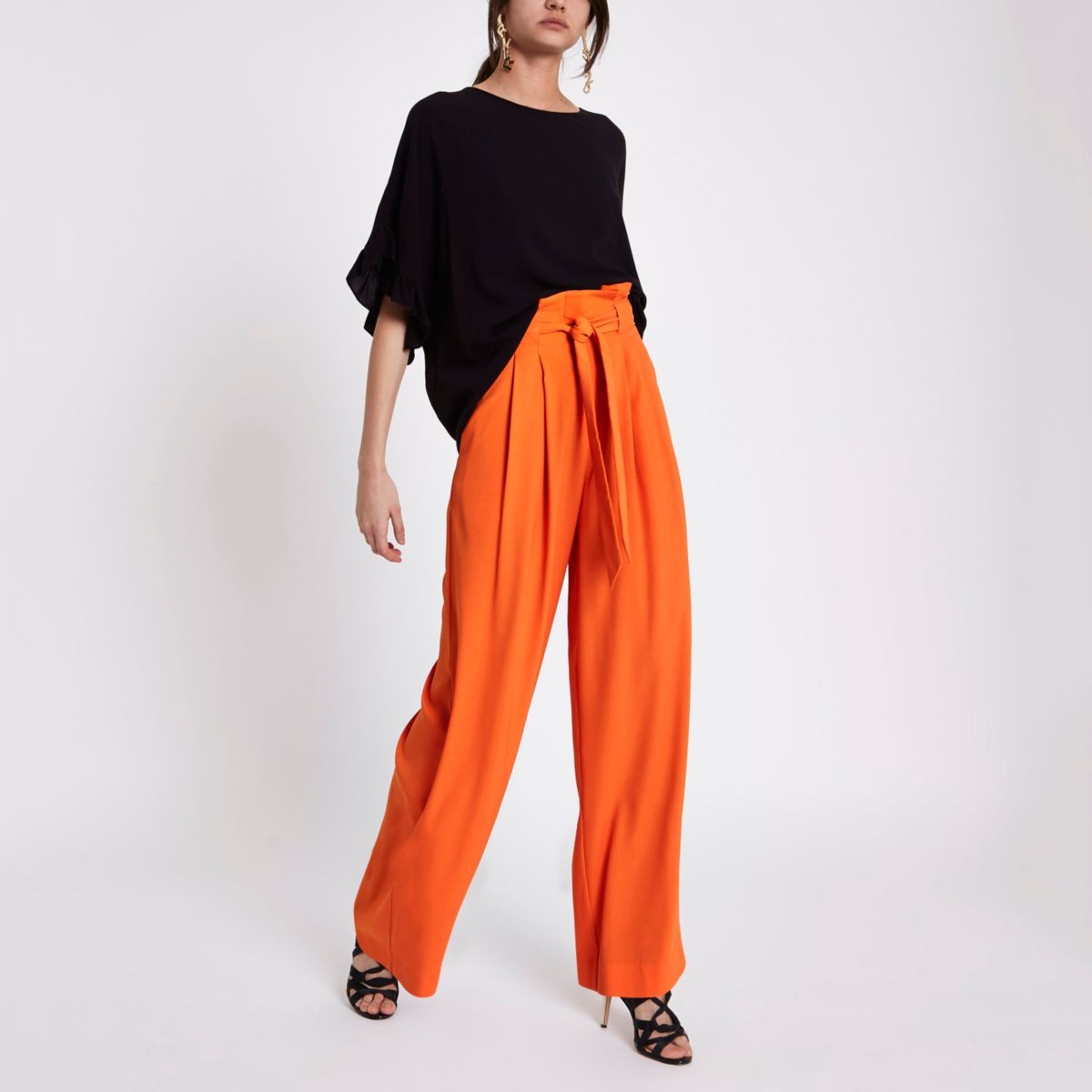 River Island Womens Orange paperbag waist wide leg trousers | River Island (UK & IE)