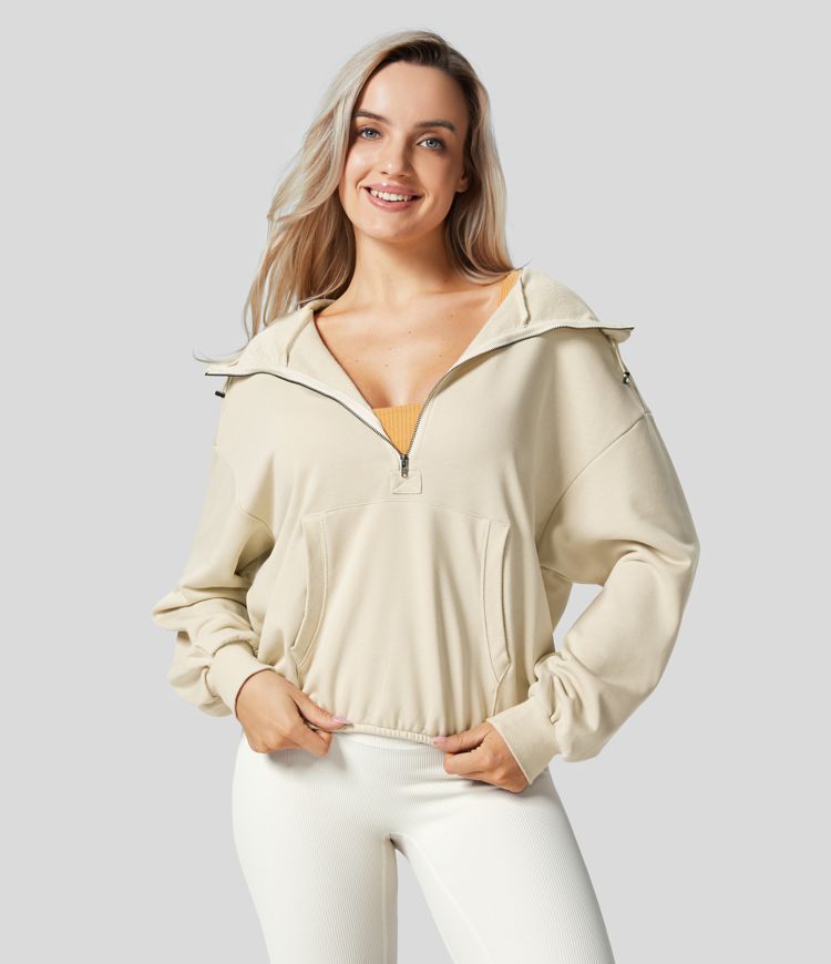 Women’s Hooded Drawcord Half Zip Long Sleeve Kangaroo Pocket Casual Sweatshirt - Halara | HALARA