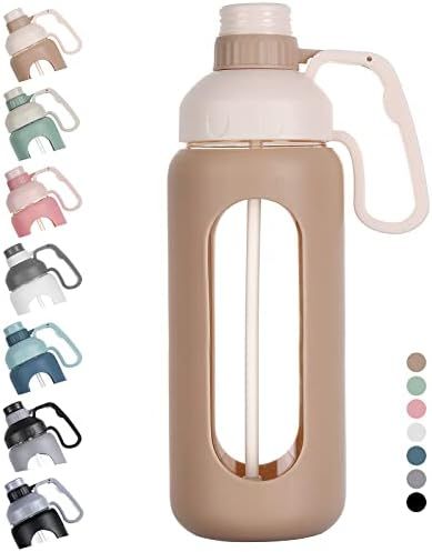 MUKOKO 56oz Glass Water Bottle with Straw, Motivational Water Bottle with Silicone Sleeves and Ha... | Amazon (US)